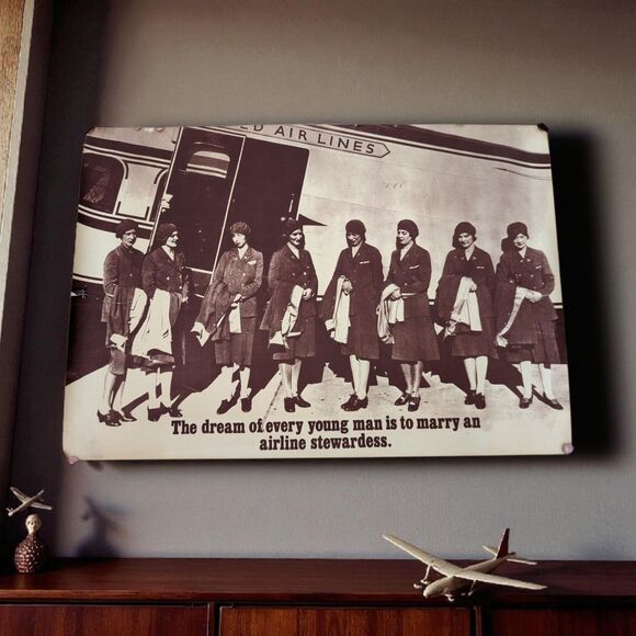 Vintage 1950s Airline Stewardess Poster United Airlines Crew Sepia 23x32 - Picture 1 of 10